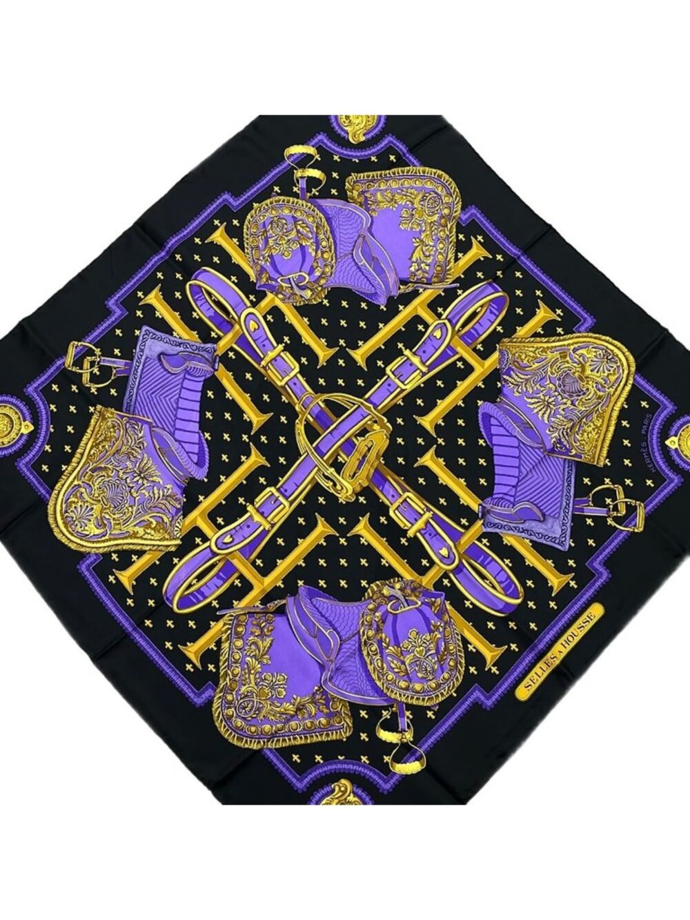 Hermes Scarf Carre 90 Black Navy Multi Selles Housse